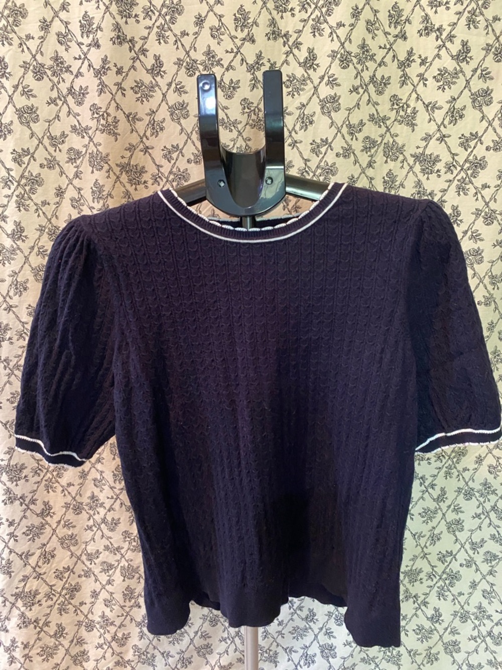 Adrianna Papell Navy Short-Sleeve Knit Top with White Trim